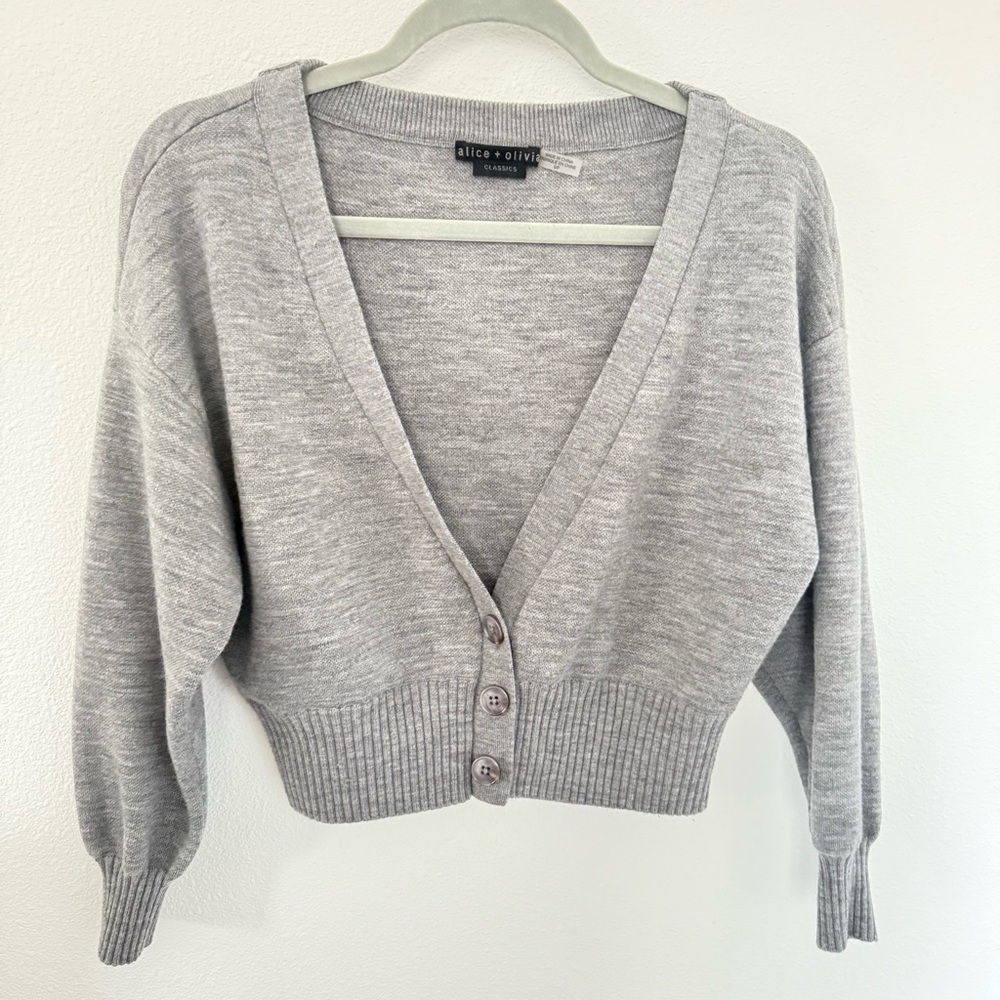Alice + Olivia Zelina Gray Soft & Cozy Wool Cropped Elevated Cardigan Sweater S